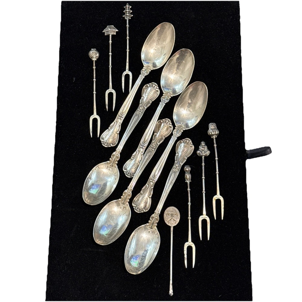 6 Antique C.D Peacock Sterling Silver teapoons set, 6 Japan 2 Prong Forks (142g)